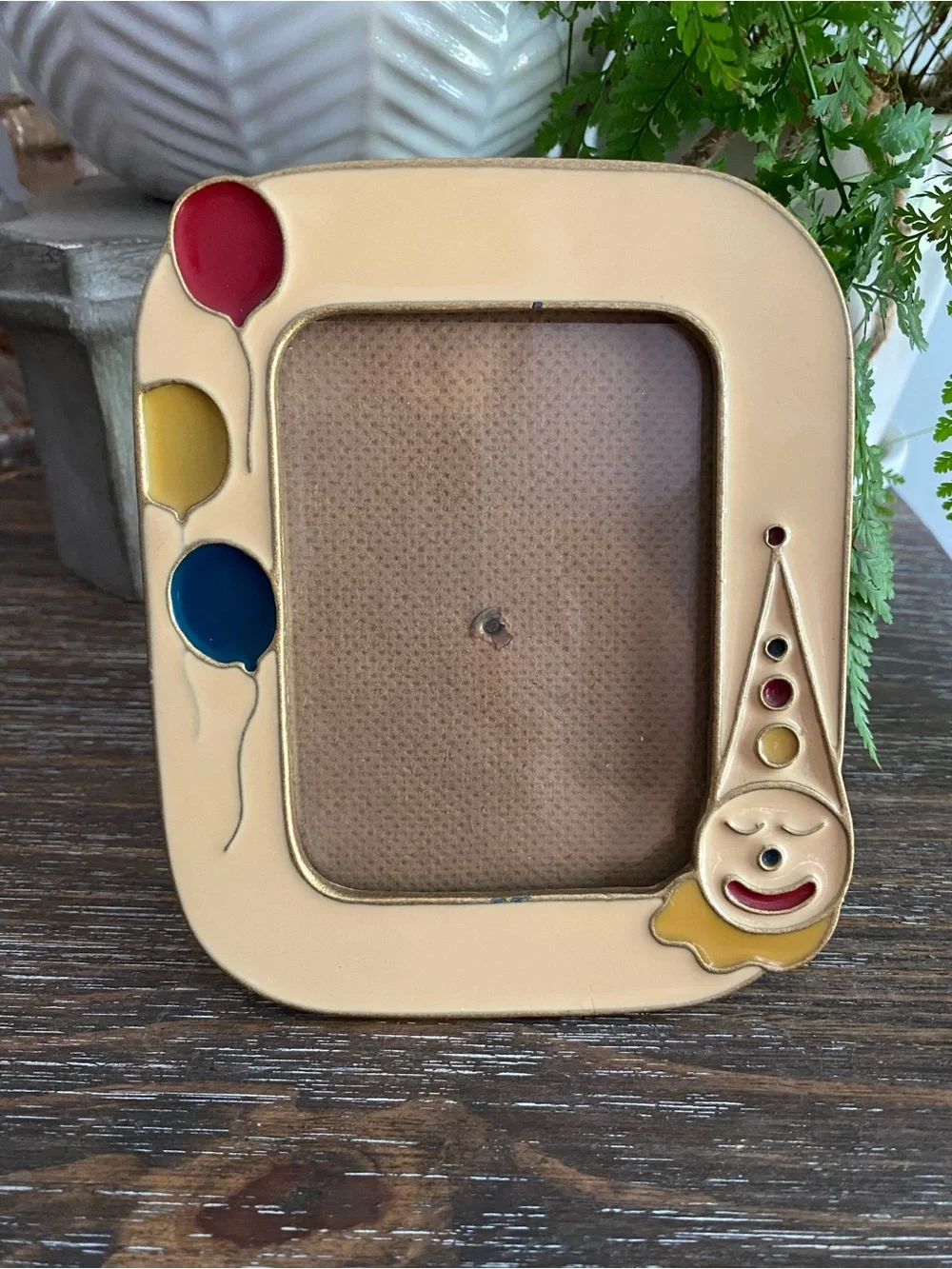 Vtg Bucklers Brass Enamel Clown Balloons Picture Frame Beige Red Yellow Blue 4x6